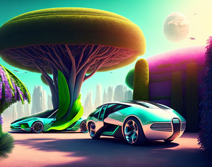 Futuristic cars under alien trees on vibrant, colorful planet