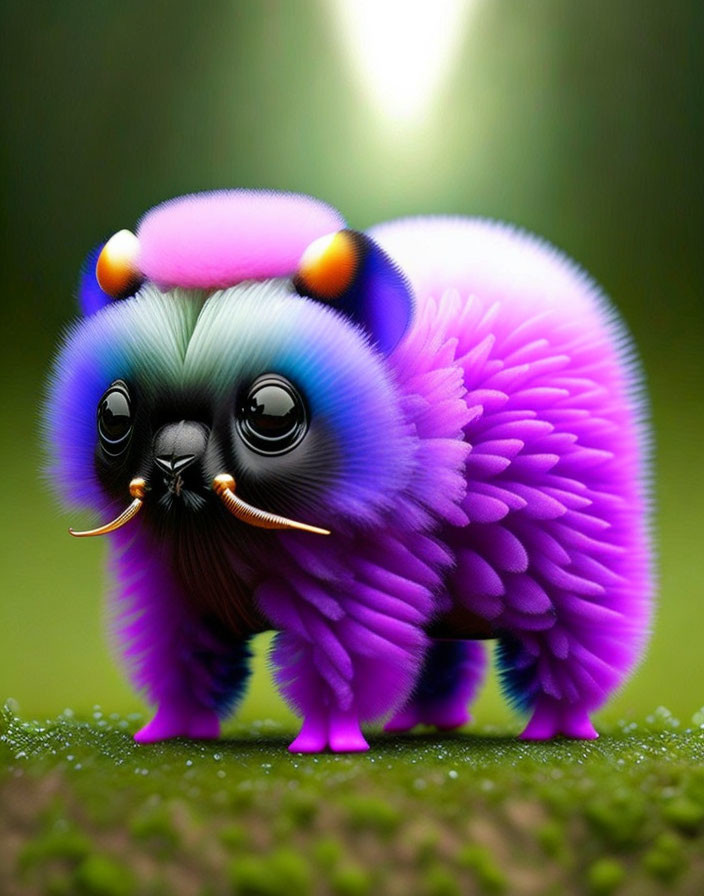 Colorful Cartoon Creature with Purple Fur and Pink Highlights in Green Environment