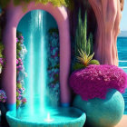 Fantasy waterfall art scene with pink pillars and lush plants