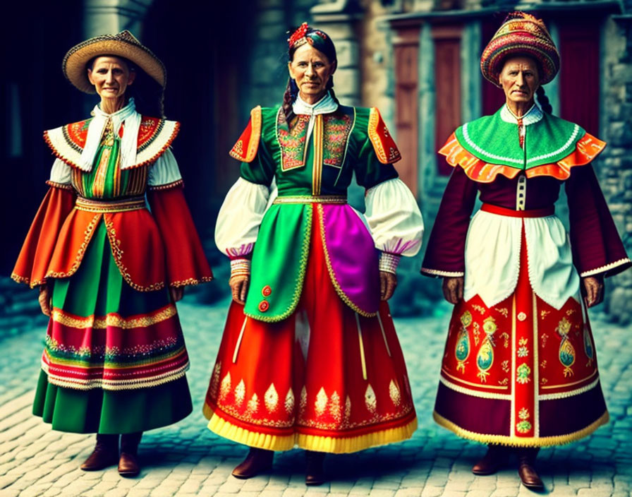 Colorful European Folk Dresses Worn by Three Women