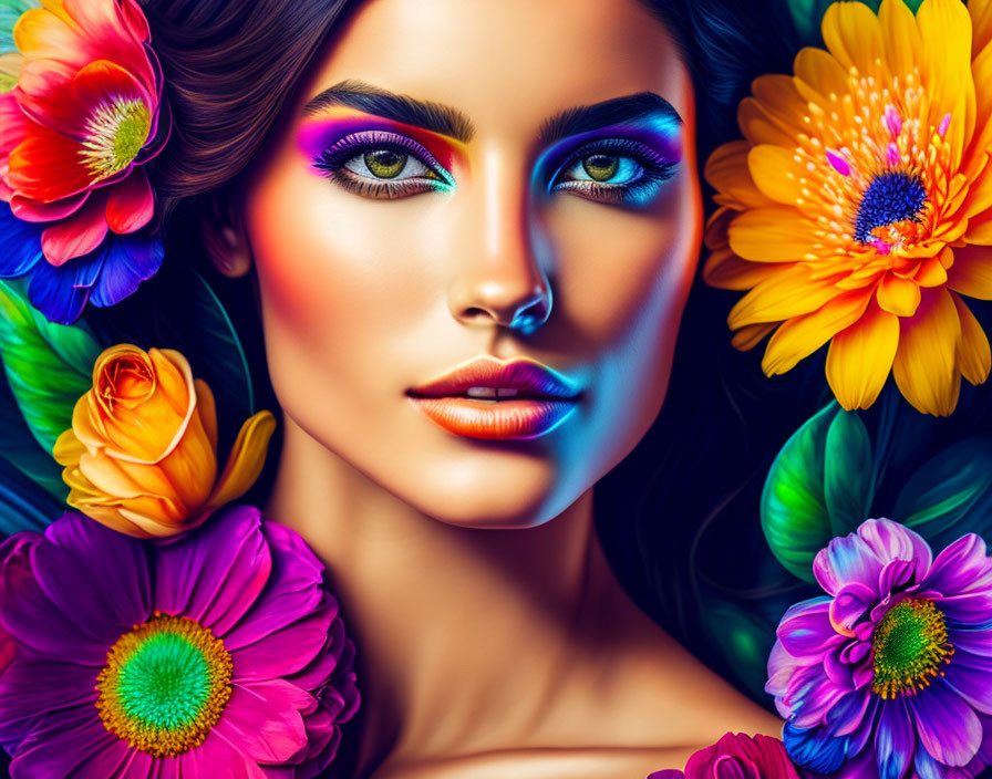 Colorful makeup woman portrait with vibrant flowers