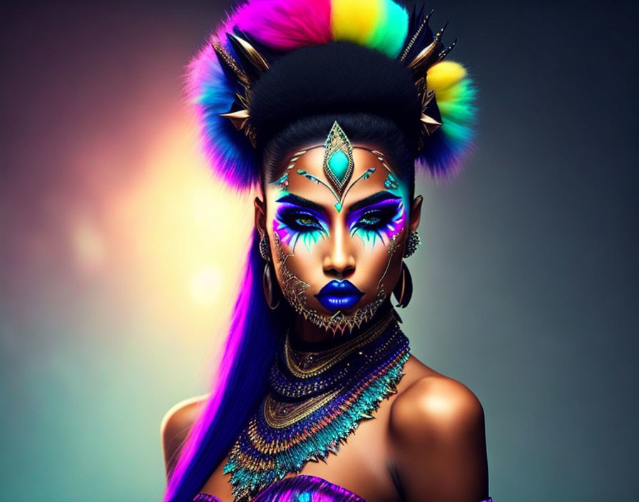 Colorful digital portrait of a woman with neon hair and exotic jewelry