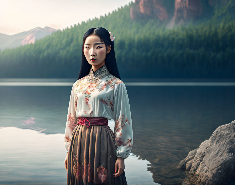 Woman in floral dress by serene lake with mountains.