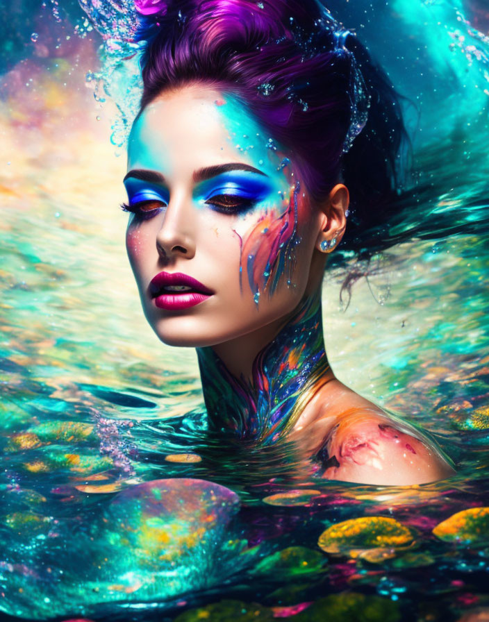 Colorful Makeup and Paint Splashes Transform Woman into Ethereal Underwater Vision