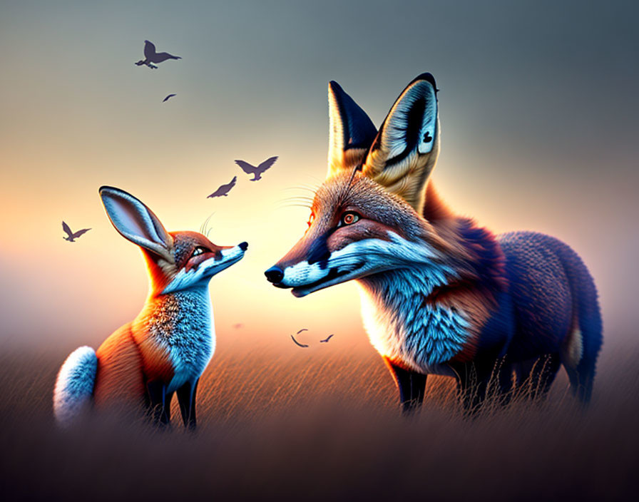 Illustrated foxes with sunset backdrop and birds.