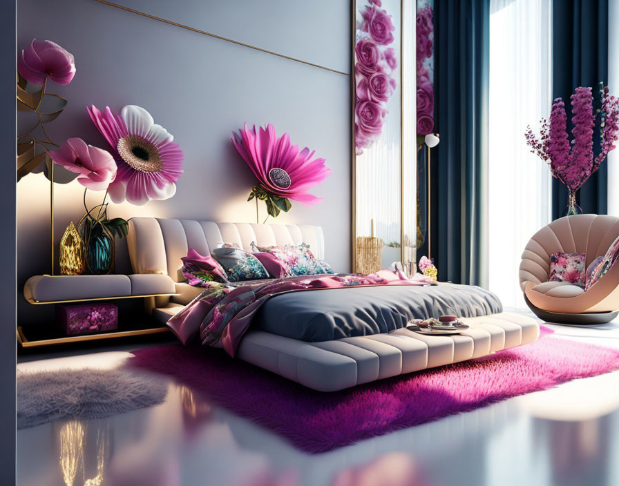 Luxurious Floral-Themed Bedroom with Pink Bedding & Oversized Flower Decorations