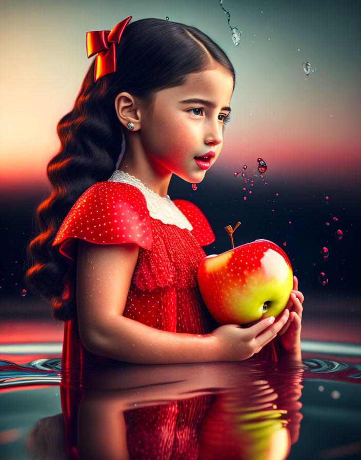 Young girl with red bow holding glossy apple in serene twilight scene