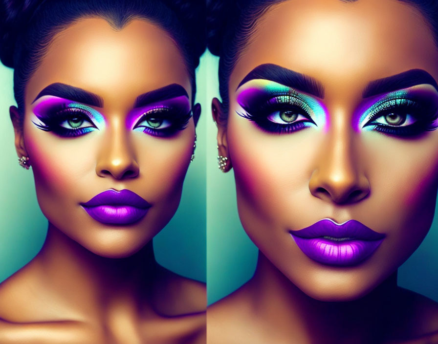 Split Image: Woman with Vibrant Makeup - Pink & Neon Green/Blue Eyeshadow, Purple