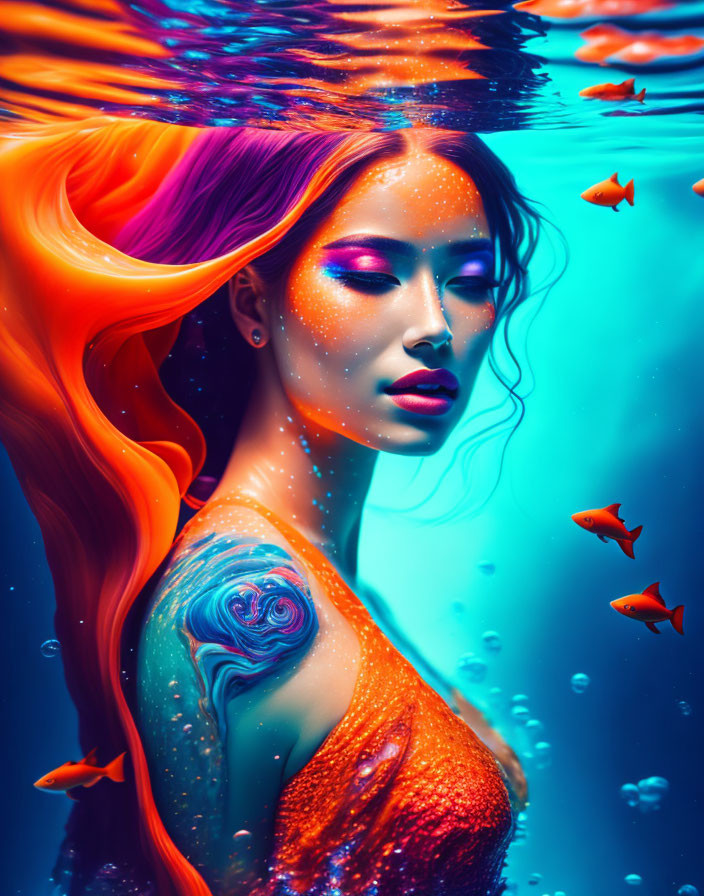 Vibrant orange hair woman submerged in water with fish against blue backdrop