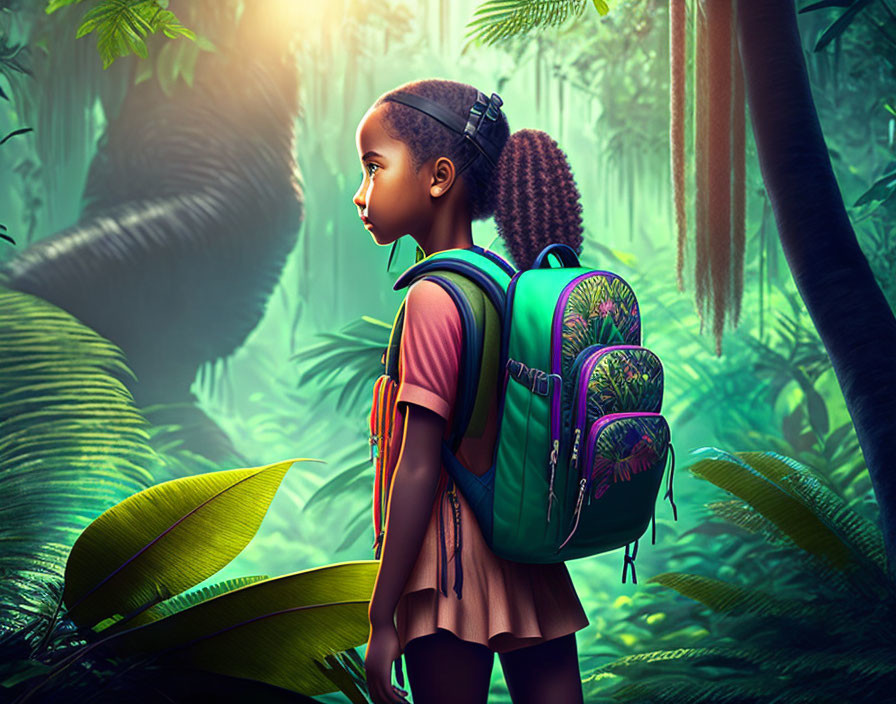 Young girl in lush jungle with backpack and vibrant greenery