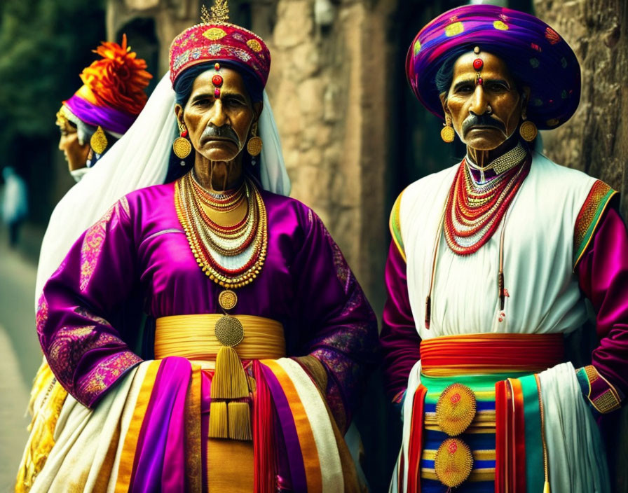 Traditional Indian men in turbans and jewelry standing together.