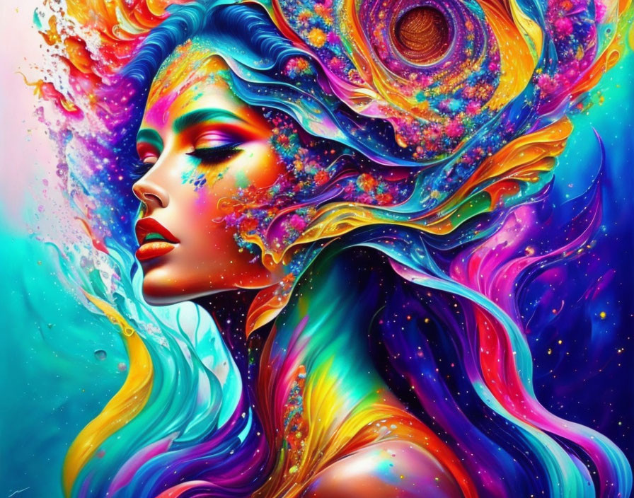 Colorful digital artwork: Woman with cosmic hair in starry background