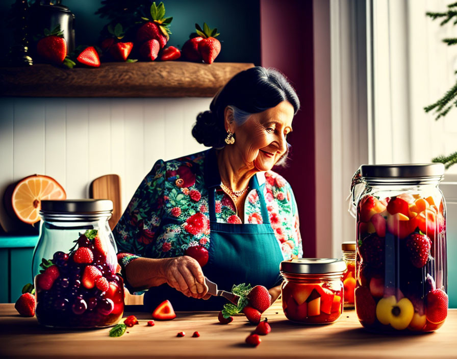 Joyful elderly woman making fruit preserves in kitchen with strawberries and jars