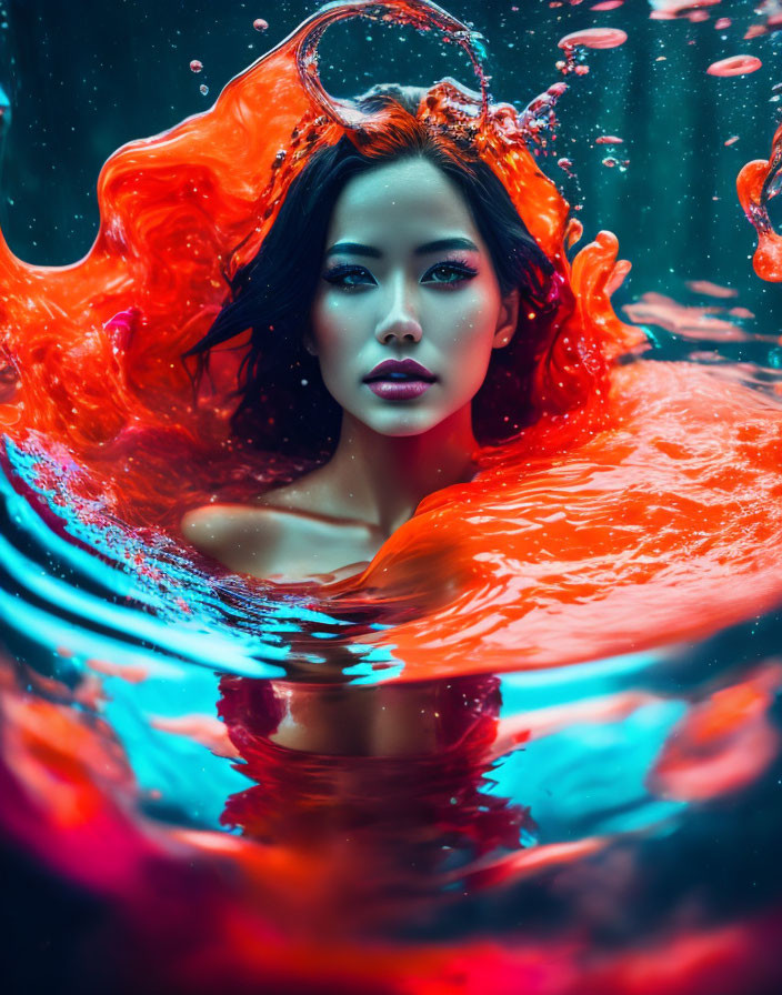 Woman submerged in swirling red liquid in blue water