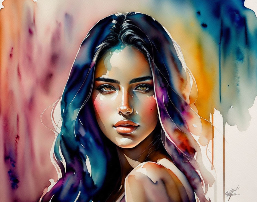 Colorful Watercolor Portrait of a Woman with Flowing Hair