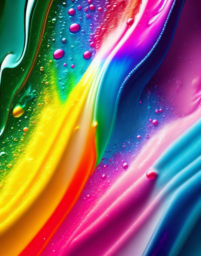 Colorful Rainbow Swirls with Glossy Droplets Abstract Background