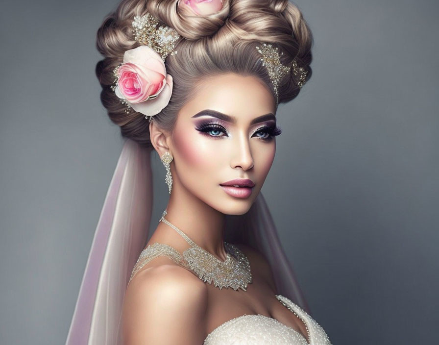 Elaborate updo with pink roses, wedding veil, glamorous makeup, sparkly jewelry