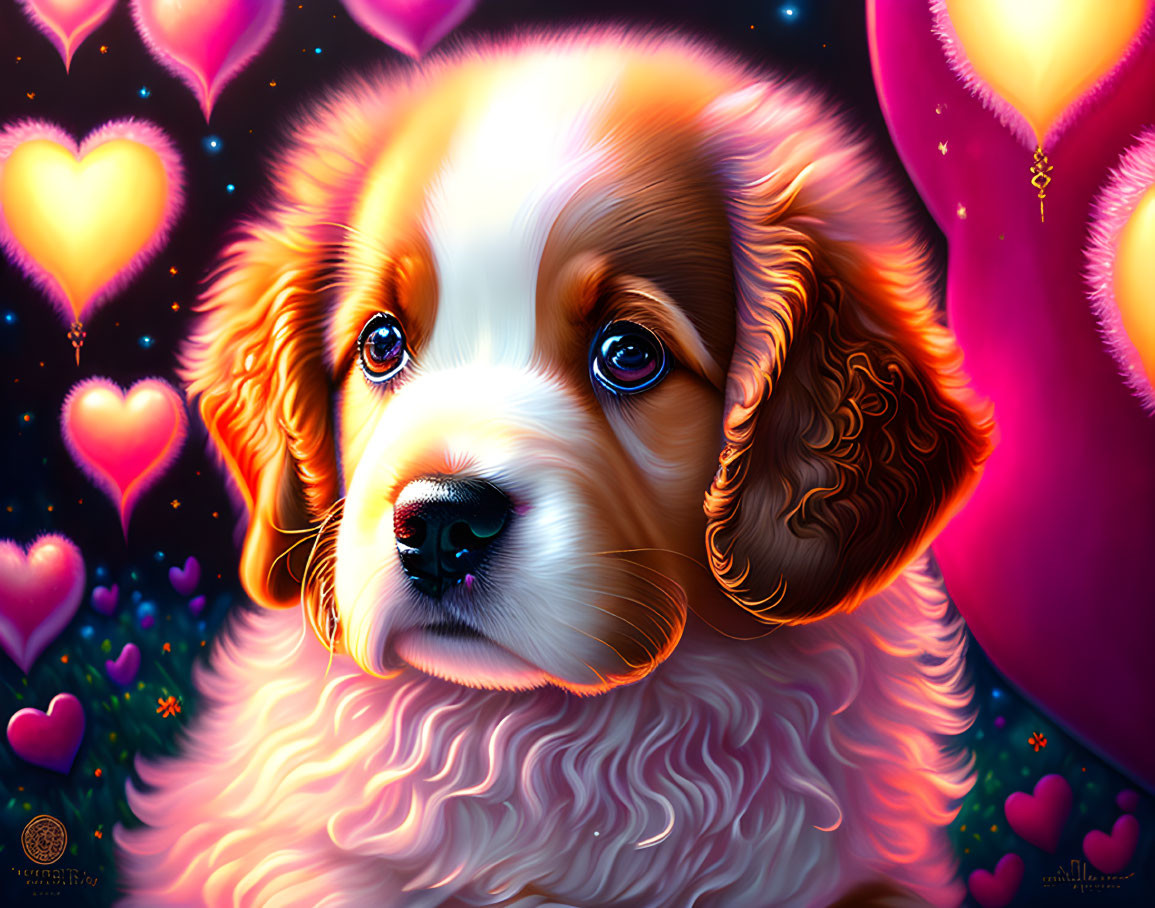 Illustration of cute puppy with big eyes, hearts, and star background