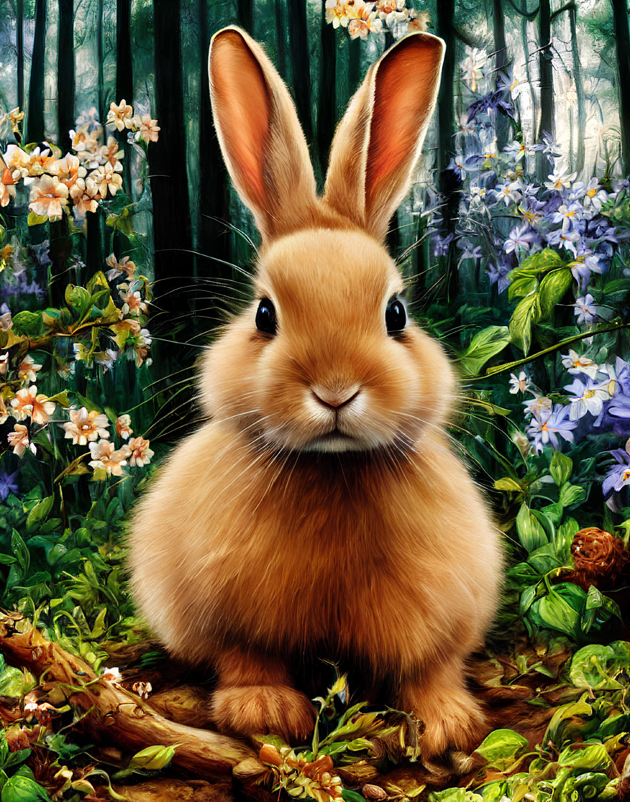 Fluffy bunny in lush forest with blooms and greenery