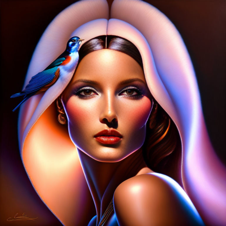 Digital artwork of woman with glossy tan skin and makeup, vibrant aura, and bird perched.