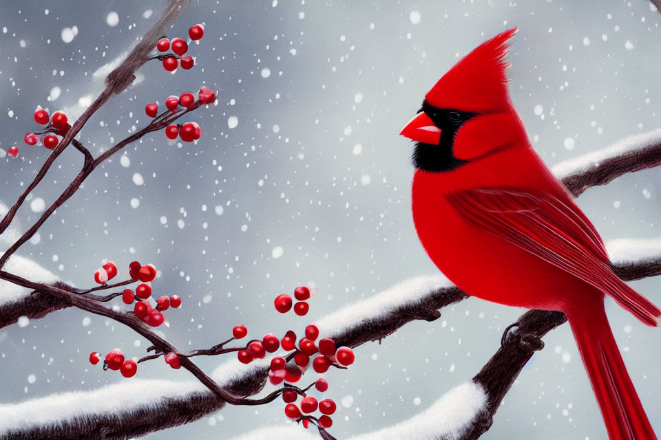 Red cardinal on snow-covered branch with red berries in falling snowflakes