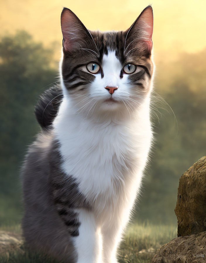 White Cat with Black Tabby Markings and Blue Eyes in Sunlit Outdoor Scene