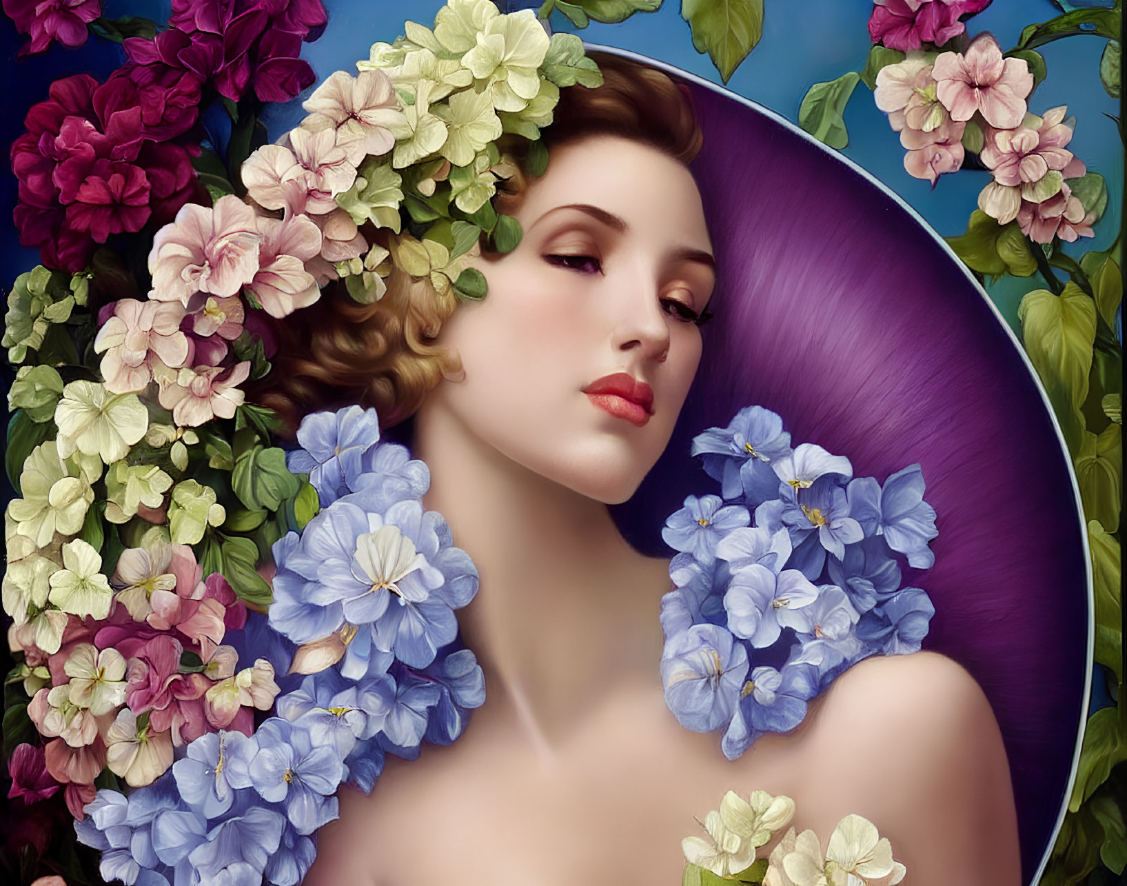 Serene woman portrait with hydrangea flowers on blue sky