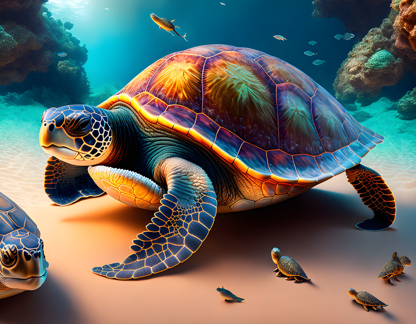 Colorful Sea Turtle Illustration Swimming Among Coral Reefs
