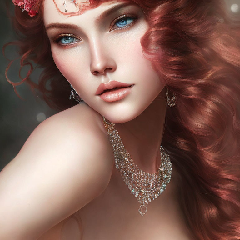 Vivid blue-eyed woman with red curly hair and jewelry