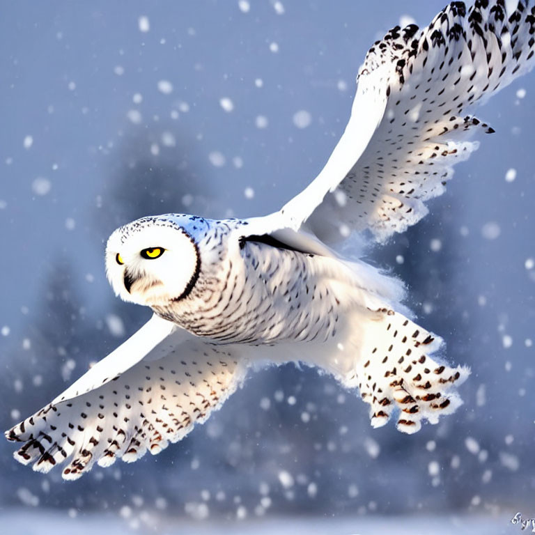 Snowy Owl Flying in Snowstorm with Wide Wings and Yellow Eyes