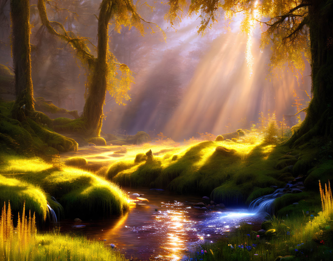 Sunlit Forest Scene with Mist, Riverbank, and Creek Amidst Lush Flora