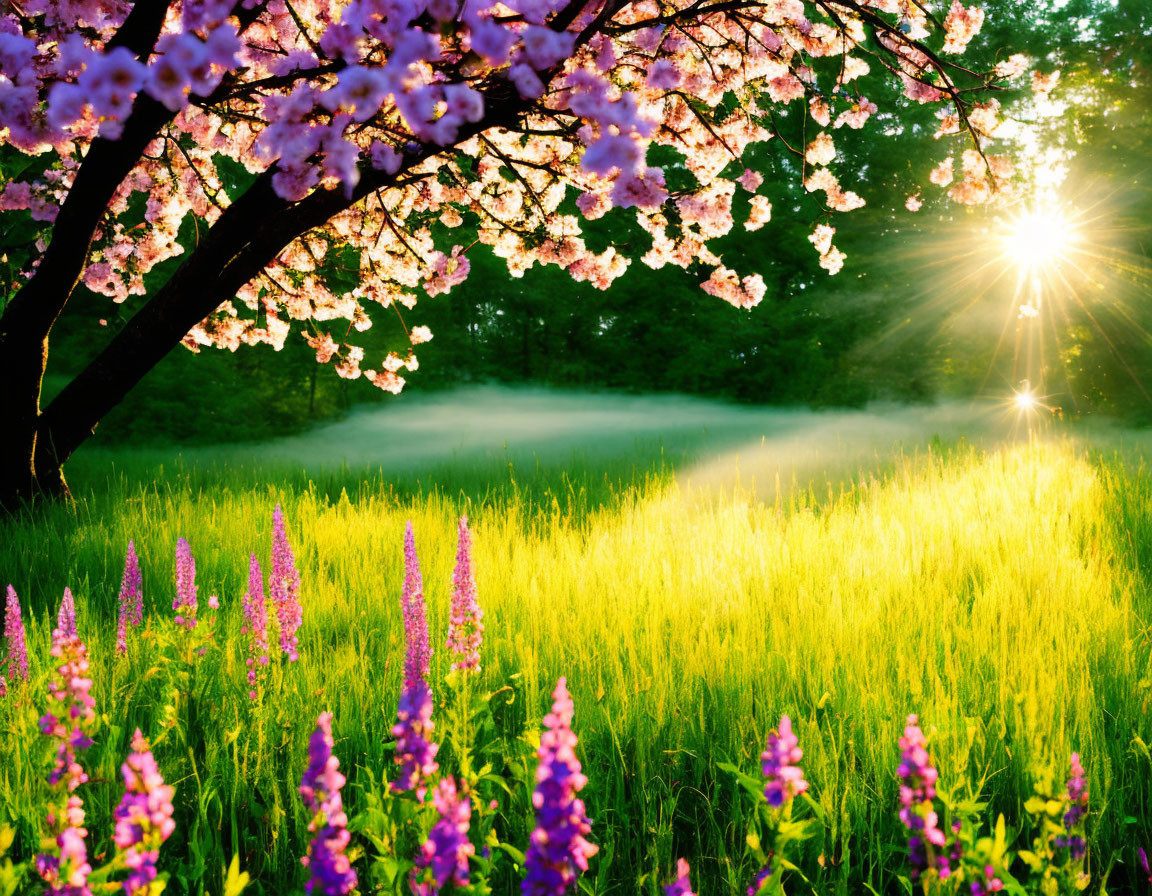 Cherry tree with purple flowers in lush green meadow at sunrise