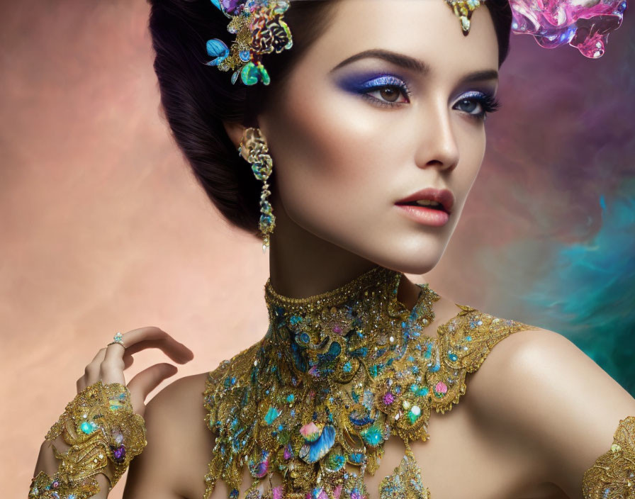 Woman with Striking Makeup and Golden Jewelry on Pastel Background