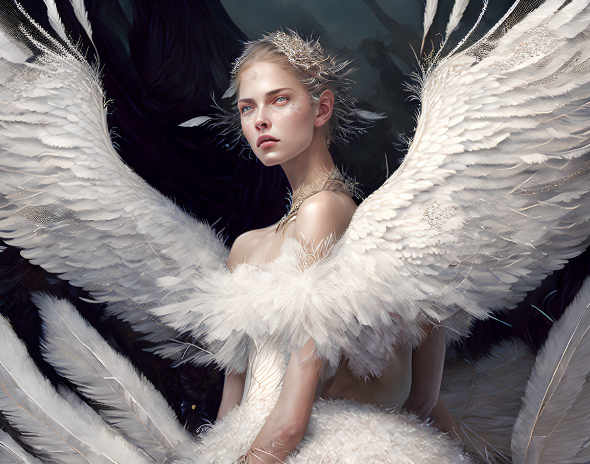 Majestic angelic figure with white wings and pensive expression
