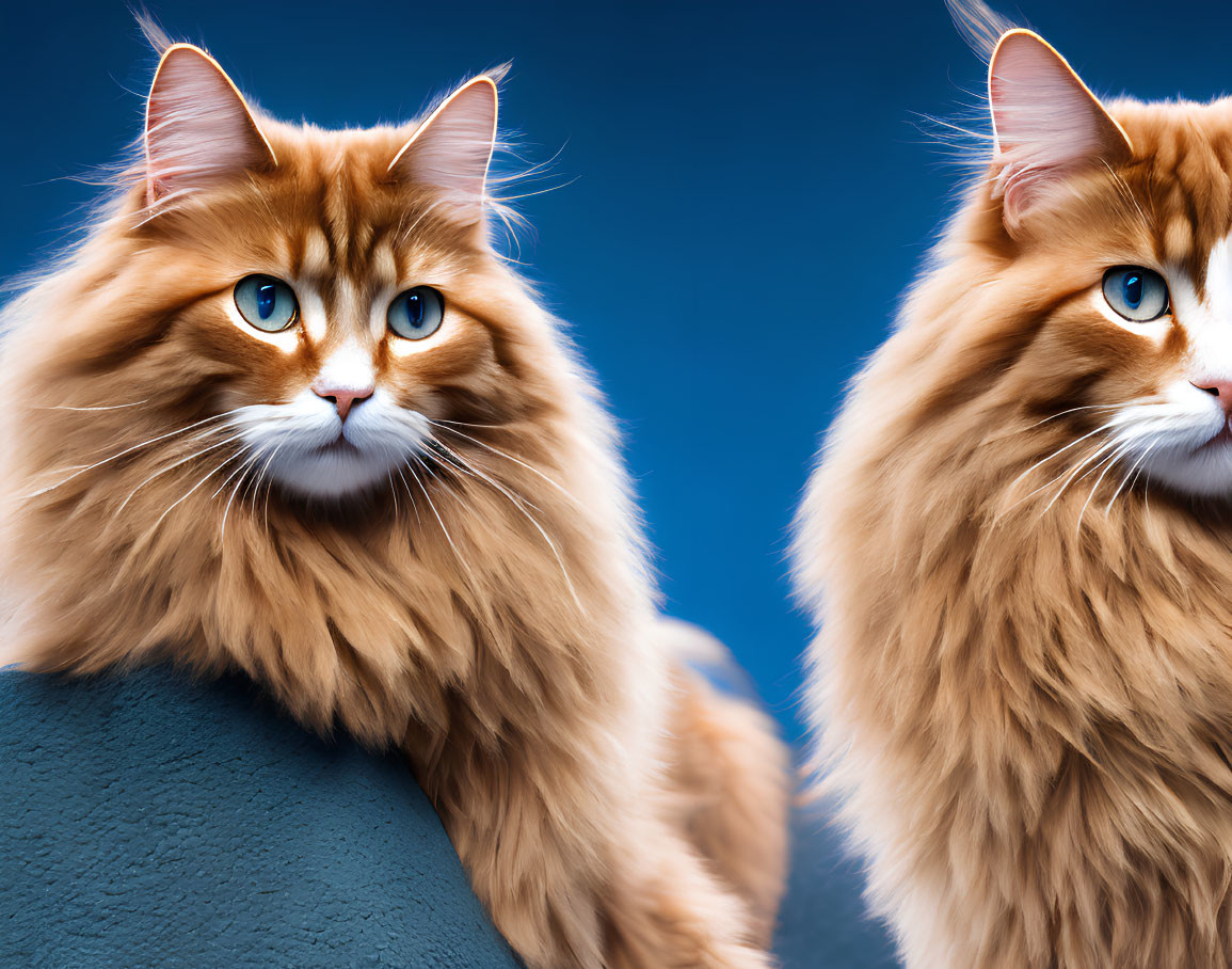 Fluffy ginger cats with blue eyes on blue background