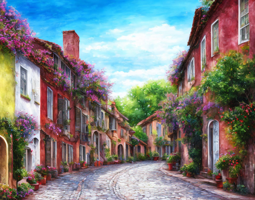 Colorful Buildings and Cobblestone Street with Flowers on Clear Day