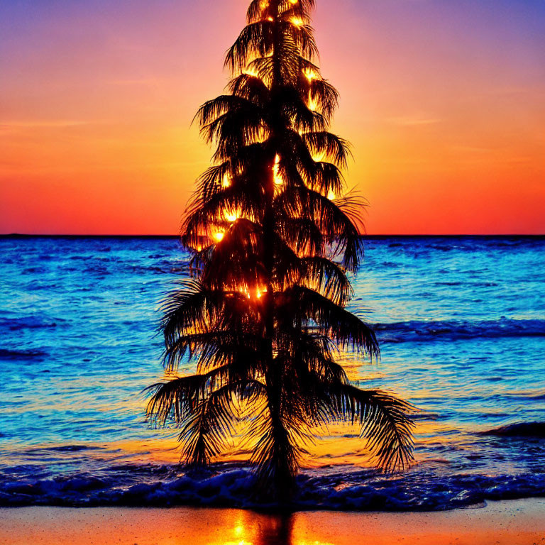 Silhouetted Palm Tree Against Vibrant Sunset Sky