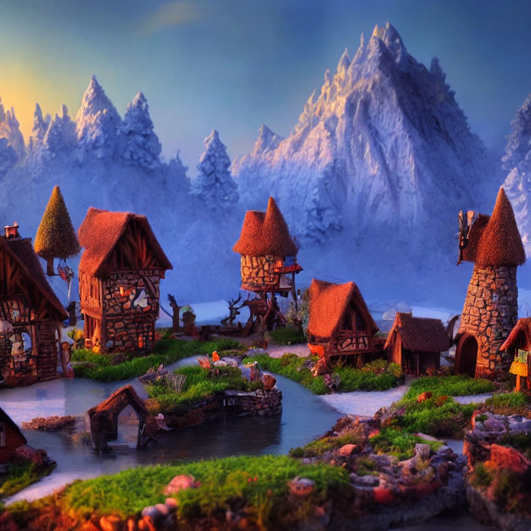 Miniature Thatched-Roof Village with Snow-Capped Mountains at Twilight