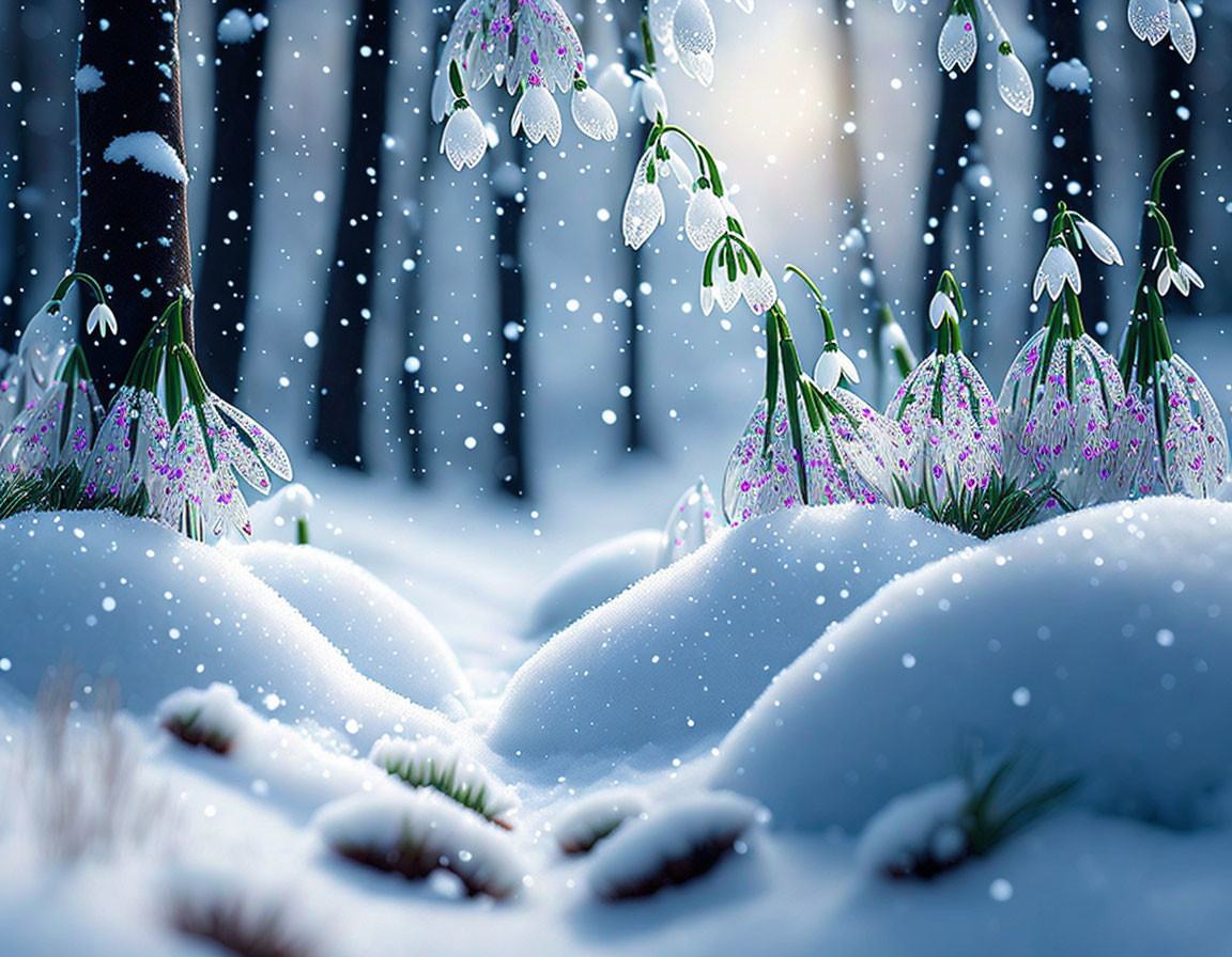 Snow-covered ground with white snowdrop flowers peeking through, set against a twilight blue sky with falling