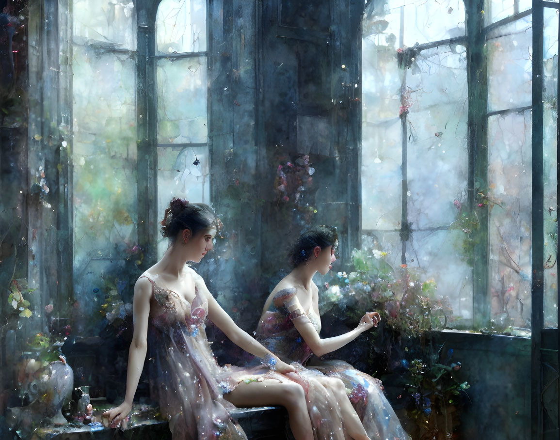 Two women in ethereal dresses in mystical conservatory with lush flowers