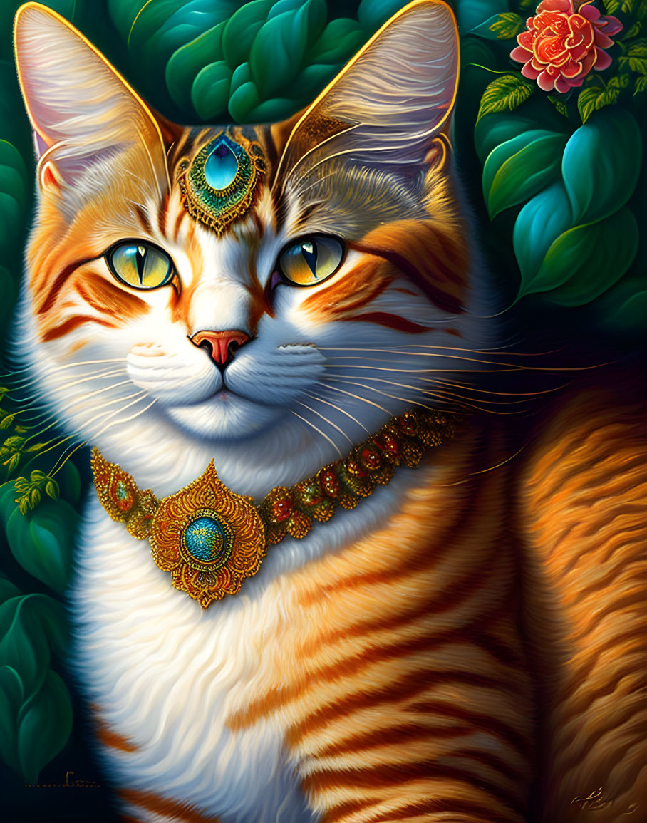 Ornate ginger and white cat illustration with bejeweled accessories on green background