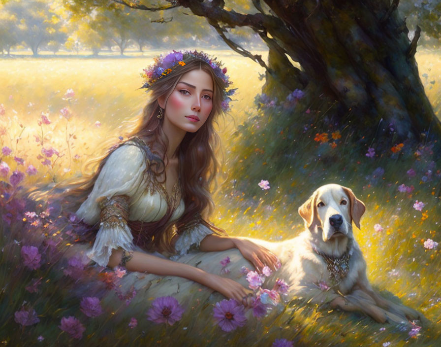 Woman with flower crown sitting by blooming tree with dog in tranquil field