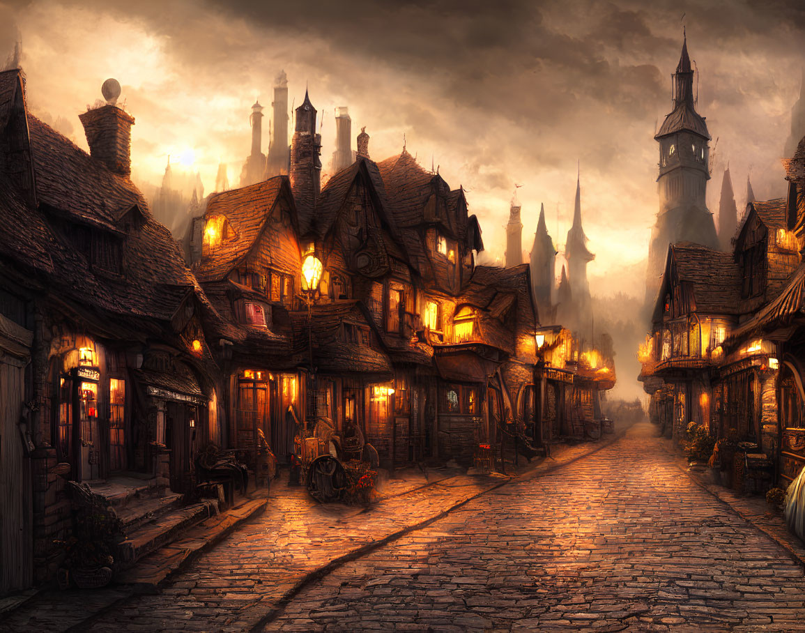 Historic cobblestone street with old buildings, castle, and street lamps at dusk