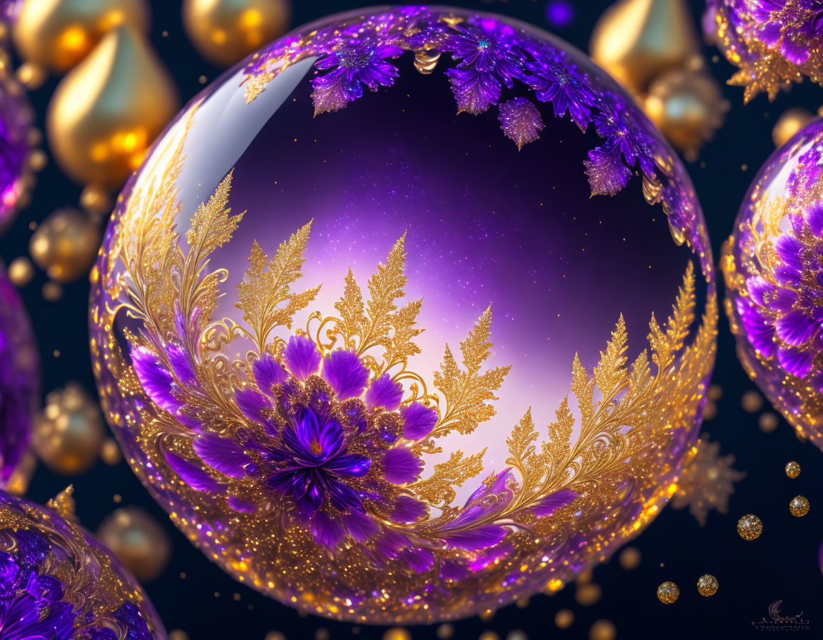 Intricate Golden Decorations on Floating Spheres in Purple Starry Scene