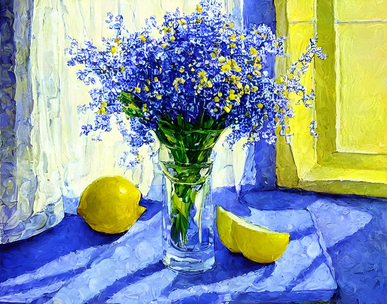 Colorful Still Life Painting with Glass Vase, Blue Flowers, Yellow Lemons, and Draped