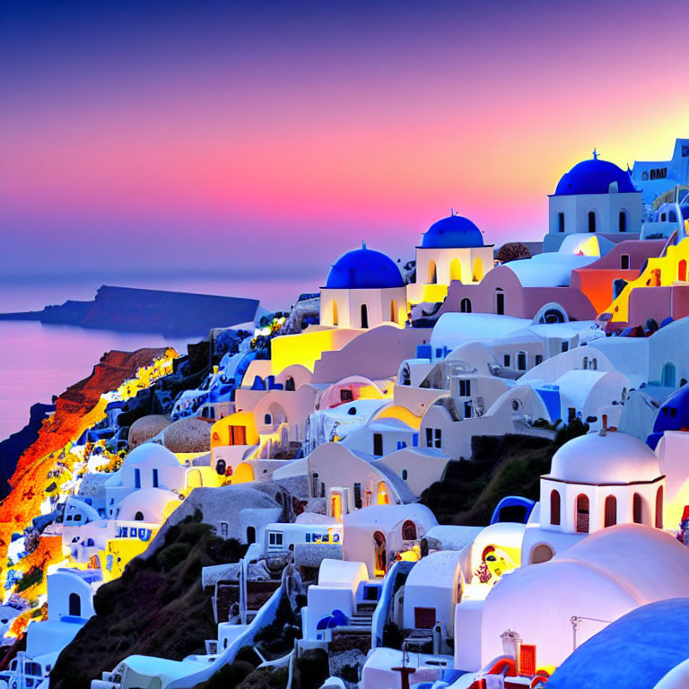 Iconic Santorini Sunset with Blue-Domed Churches