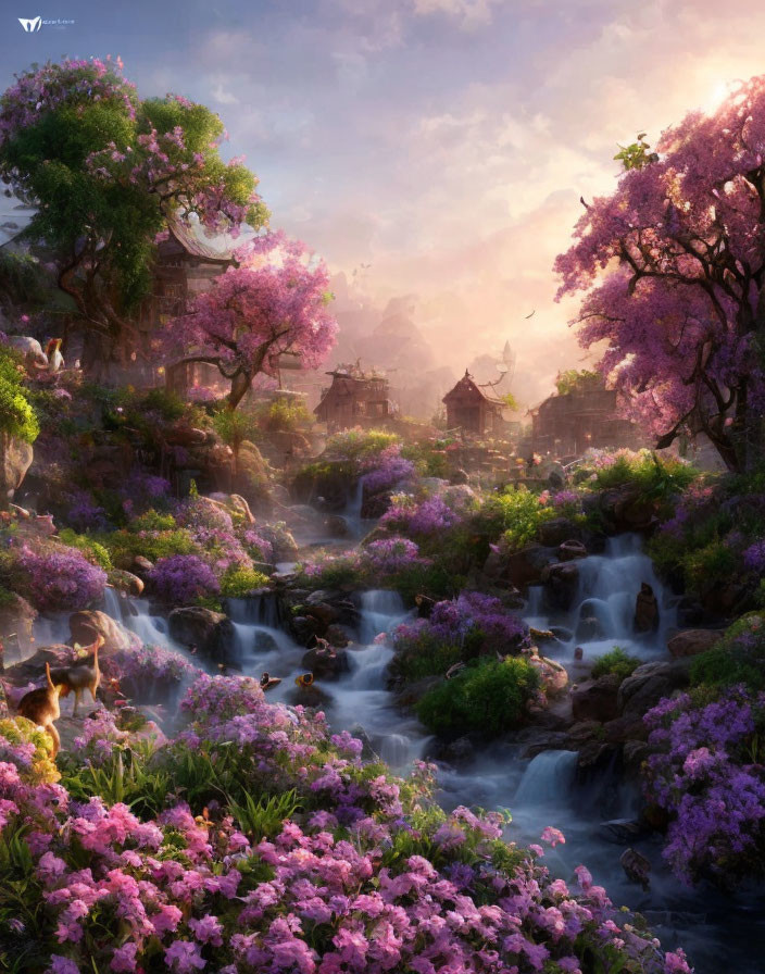 Tranquil landscape with waterfalls, pink blossoms, and traditional buildings