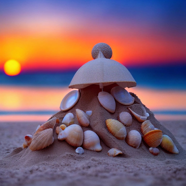 Whimsical sand sculpture with shell pagoda under vibrant beach sunset