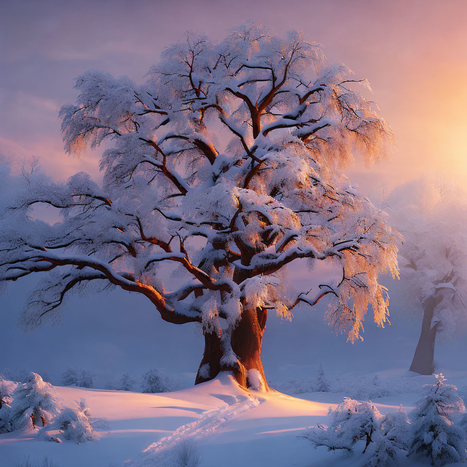 Majestic snow-covered tree in tranquil snowy landscape
