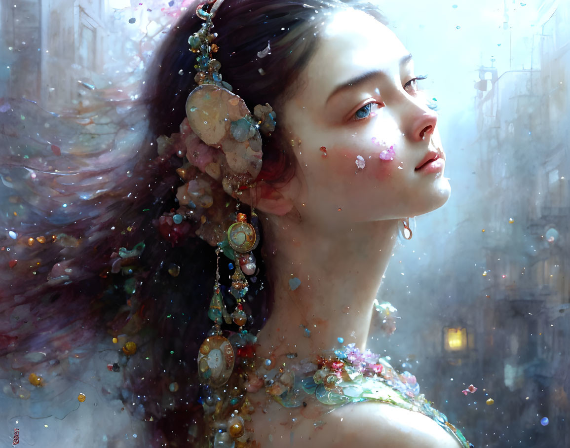 Digital painting of woman with ornate hair jewelry in misty backdrop